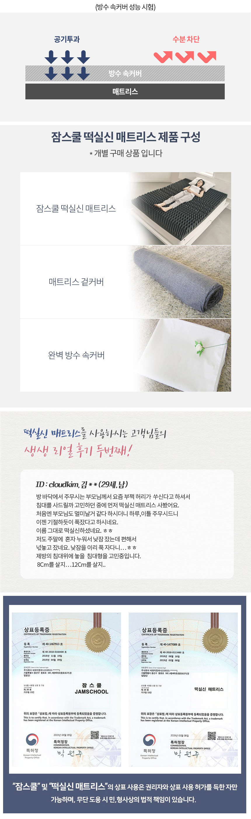 방수 속커버(별도 구매), 제품 구성, 상표 등록증